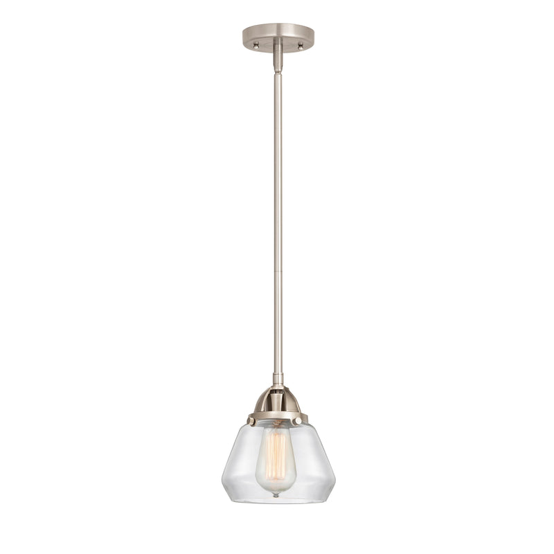 Fulton Mini Pendant shown in the Brushed Satin Nickel finish with a Clear shade