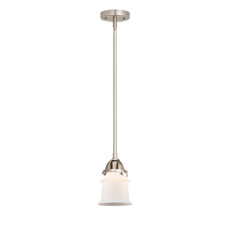 Canton Mini Pendant shown in the Brushed Satin Nickel finish with a Matte White shade