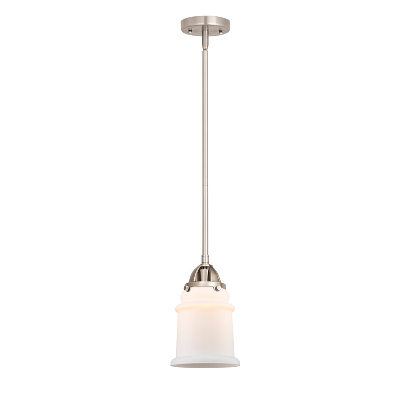 Canton Mini Pendant shown in the Brushed Satin Nickel finish with a Matte White shade