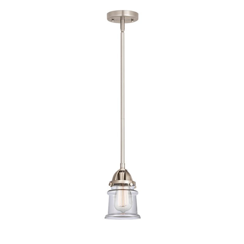 Canton Mini Pendant shown in the Brushed Satin Nickel finish with a Clear shade