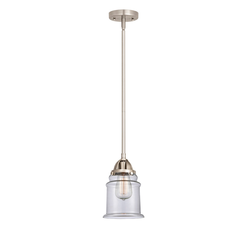 Canton Mini Pendant shown in the Brushed Satin Nickel finish with a Clear shade