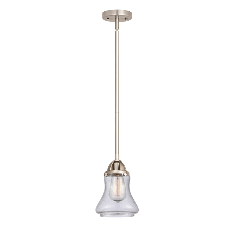 Bellmont Mini Pendant shown in the Brushed Satin Nickel finish with a Seedy shade