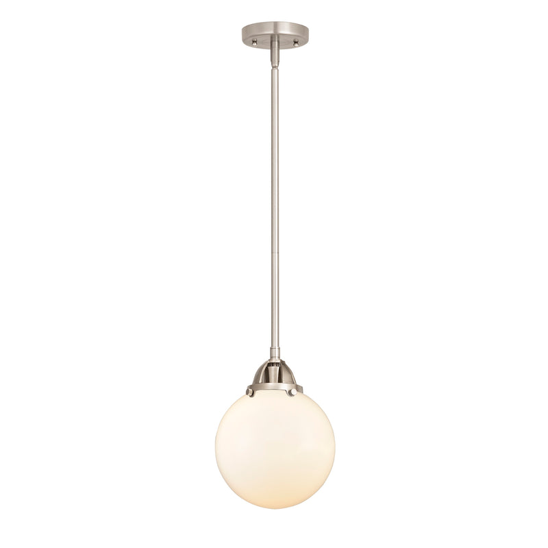 Beacon Mini Pendant shown in the Brushed Satin Nickel finish with a Matte White shade