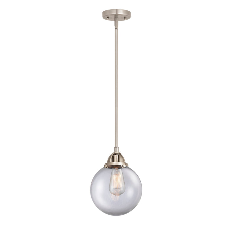 Beacon Mini Pendant shown in the Brushed Satin Nickel finish with a Clear shade