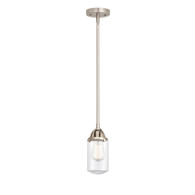 Dover Mini Pendant shown in the Brushed Satin Nickel finish with a Clear shade