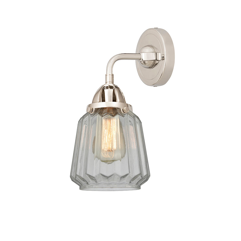 Chatham Sconce shown in the Polished Nickel finish with a Clear shade