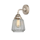 Chatham Sconce shown in the Brushed Satin Nickel finish with a Clear shade