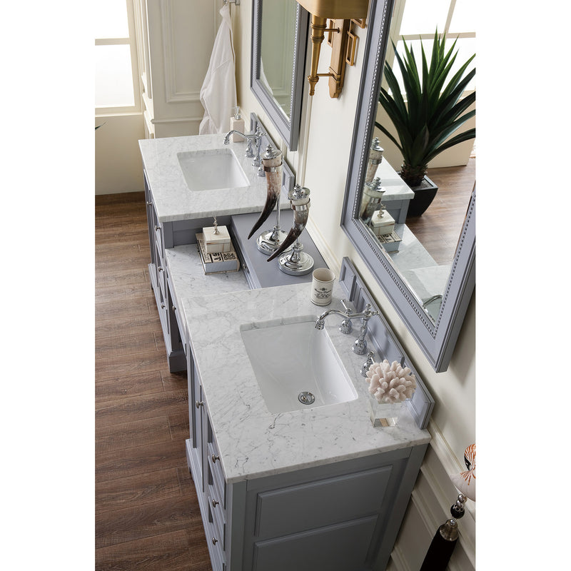 James Martin De Soto 82" Double Vanity Set Silver Gray with Makeup Table 3 cm Carrara Marble Top 825-V82-SL-DU-CAR