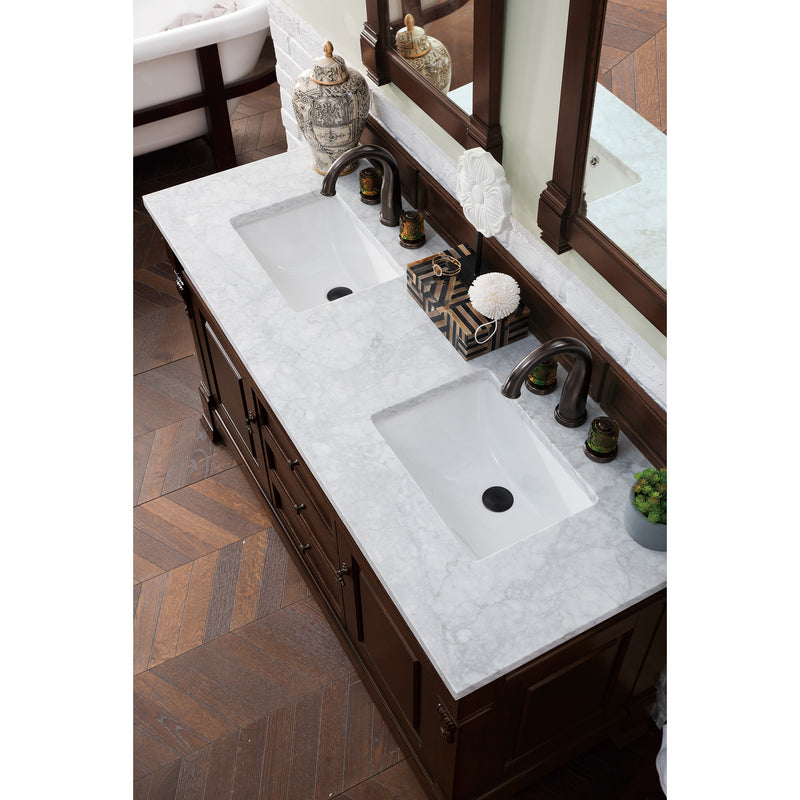 James Martin Brookfield 60" Burnished Mahogany Double Vanity with 3 cm Carrara Marble Top 147-114-5661-3CAR