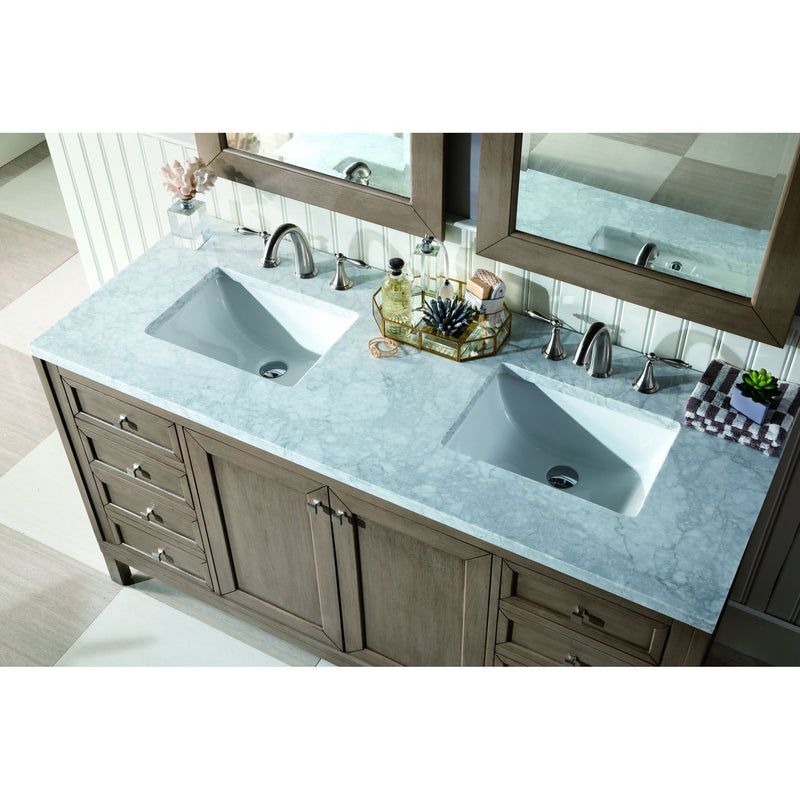 James Martin Chicago 60" Whitewashed Walnut Double Vanity with 3 cm Carrara Marble Top 305-V60D-WWW-3CAR