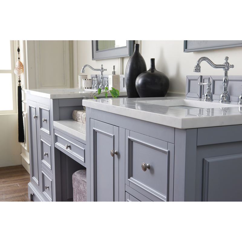 James Martin De Soto 82" Double Vanity Set Silver Gray with Makeup Table 3 cm Arctic Fall Solid Surface Top 825-V82-SL-DU-AF