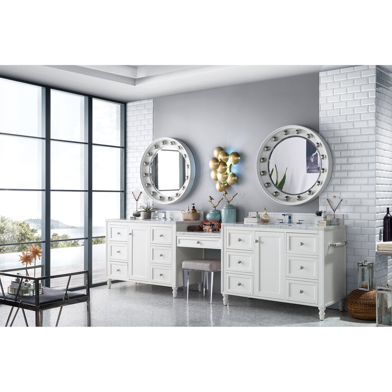 James Martin Copper Cove Encore 122" Double Vanity Set Bright White with Makeup Table 3 cm Carrara Marble Top 301-V122-BW-DU-3CAR