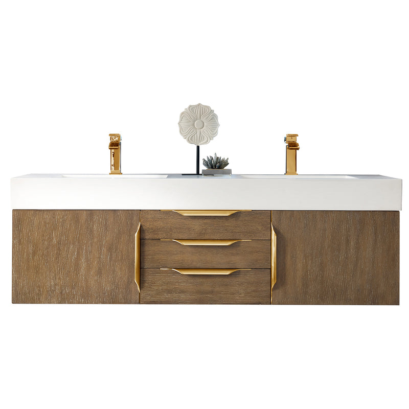 James Martin Mercer Island 59" Double Vanity Latte Oak Radiant Gold with Glossy White Composite Top 389-V59D-LTO-G-GW