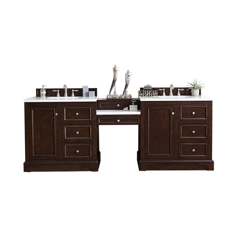 James Martin De Soto 94" Double Vanity Set Burnished Mahogany with Makeup Table 3 cm Arctic Fall Solid Surface Top 825-V94-BNM-DU-AF