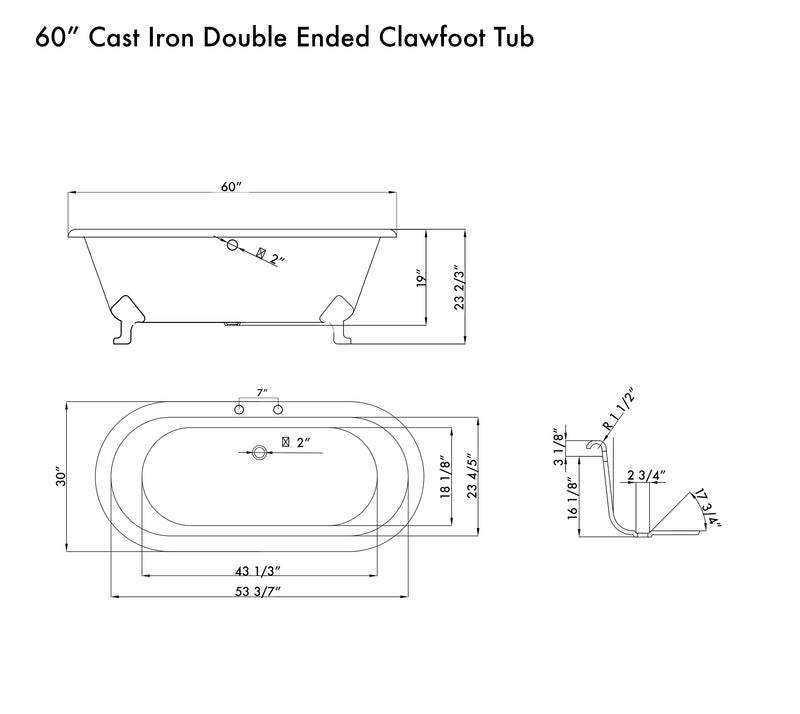 Cambridge Plumbing Cast Iron Double Ended Clawfoot Tub 60" x 30" 7" Drillings BN Package