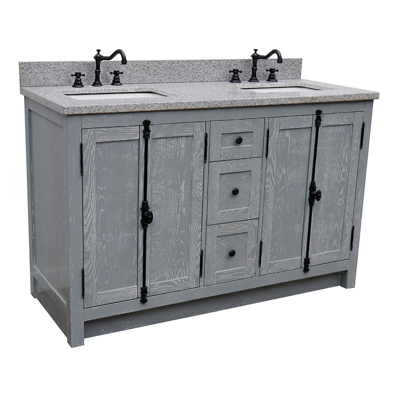 Bellaterra 55" Double Vanity" Gray Ash Finish Top With Black Galaxy And Rectangle Sink 400100-55-GYA-GY