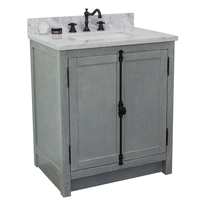 Bellaterra 31" Single Vanity" Gray Ash Finish Top With White Carrara And Rectangle Sink 400100-GYA-WMR