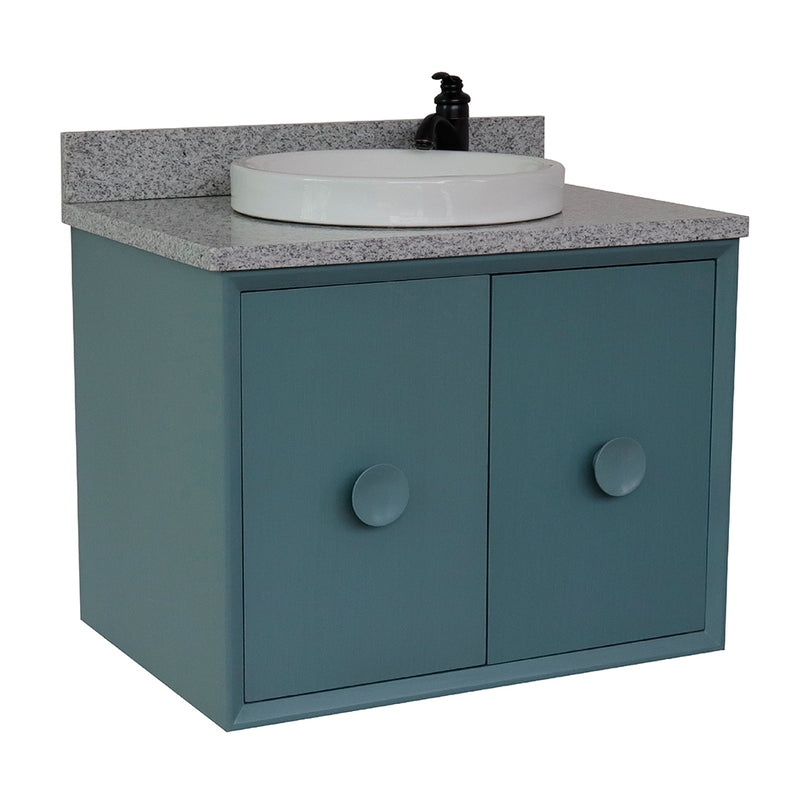 Bellaterra 31" Single Wall Mount Vanity" Aqua Blue Finish Top With Gray Granite And Round Sink 400400-CAB-AB-GYRD