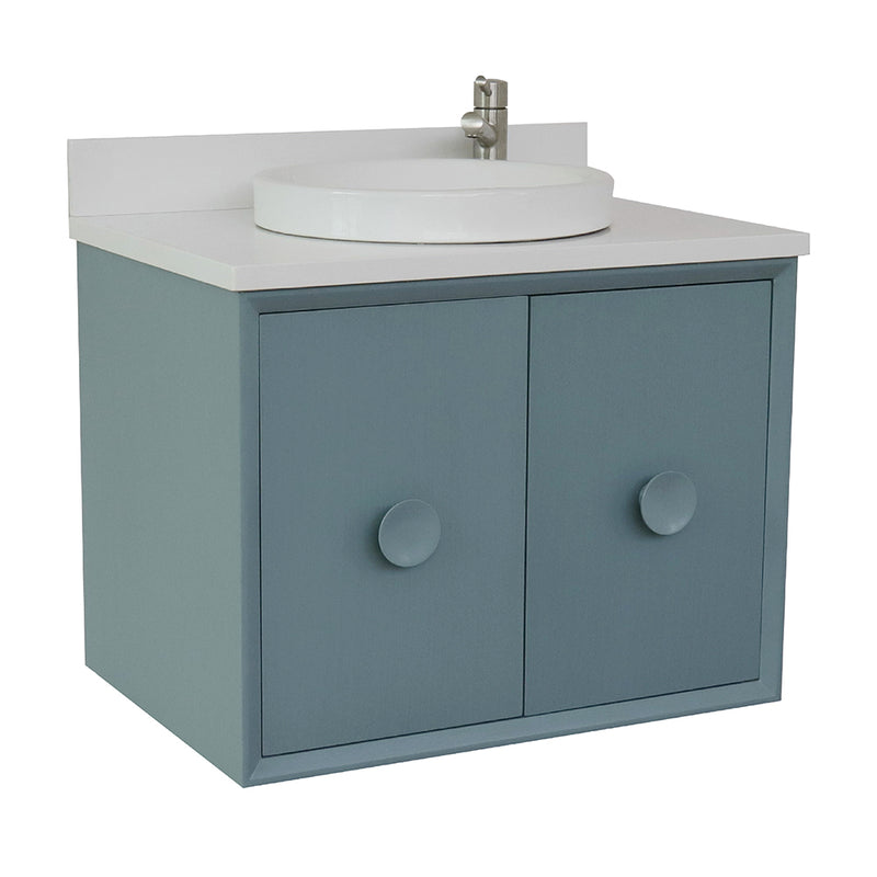 Bellaterra 31" Single Wall Mount Vanity" Aqua Blue Finish Top With White Quartz And Round Sink 400400-CAB-AB-WERD