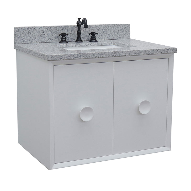 Bellaterra 31" Single Wall Mount Vanity" White Finish Top With Gray Granite And Rectangle Sink 400400-CAB-WH-GYR