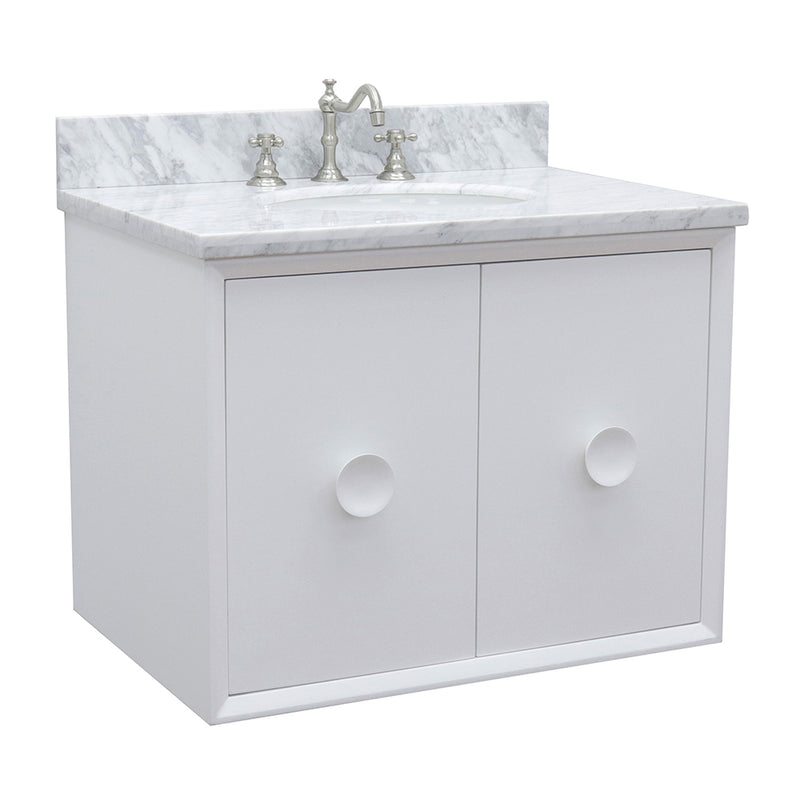 Bellaterra 31" Single Wall Mount Vanity" White Finish Top With White Carrara And Oval Sink 400400-CAB-WH-WMO