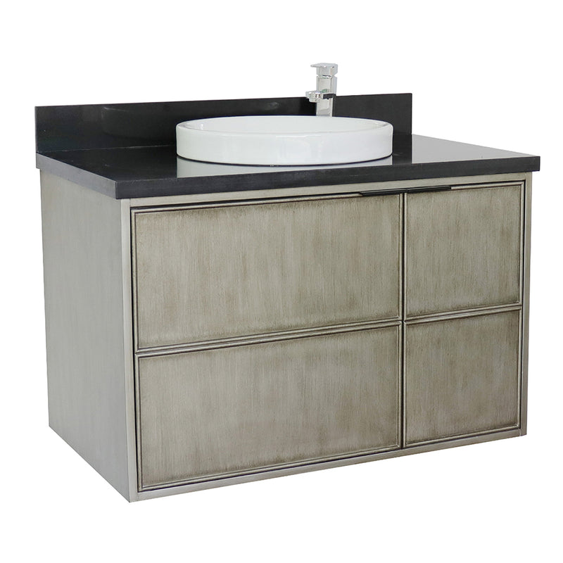 Bellaterra 37" Single Wall Mount Vanity" Linen Brown Finish Top With Black Galaxy And Round Sink 400500-CAB-LN-BGRD