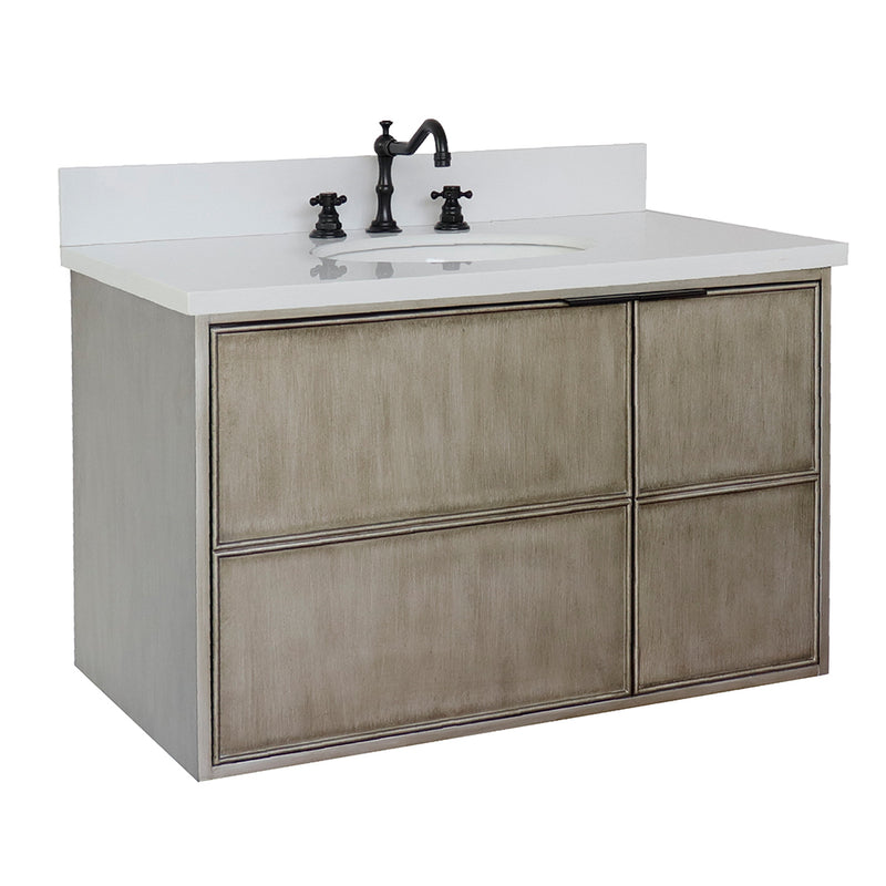 Bellaterra 37" Single Wall Mount Vanity" Linen Brown Finish Top With White Quartz And Oval Sink 400500-CAB-LN-WEO