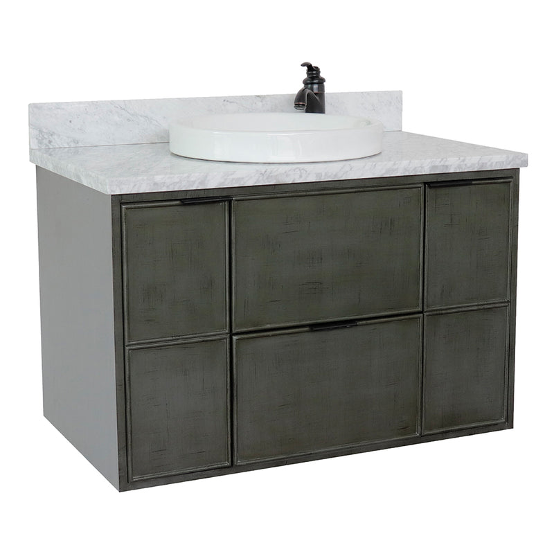 Bellaterra 37" Single Wall Mount Vanity" Linen Gray Finish Top With White Carrara And Round Sink 400501-CAB-LY-WMRD