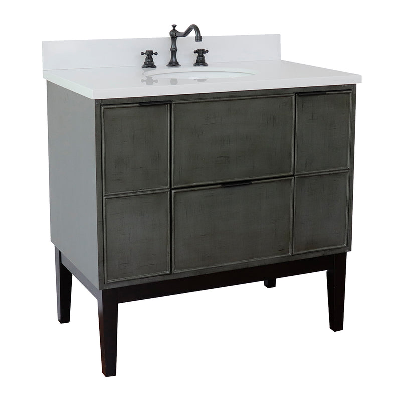 Bellaterra 37" Single Vanity" Linen Gray Finish Top With White Quartz And Oval Sink 400501-LY-WEO