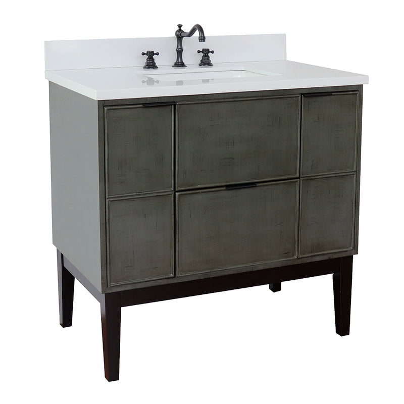 Bellaterra 37" Single Vanity" Linen Gray Finish Top With White Quartz And Rectangle Sink 400501-LY-WER