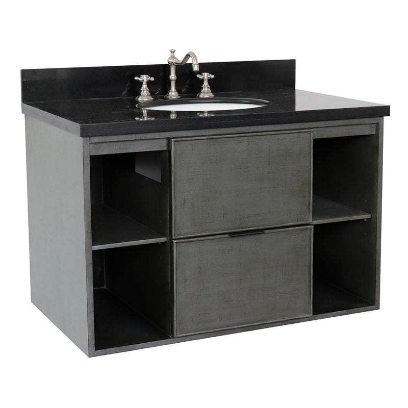 Bellaterra 37" Single Wall Mount Vanity" Linen Gray Finish Top With Black Galaxy And Oval Sink 400502-CAB-LY-BGO