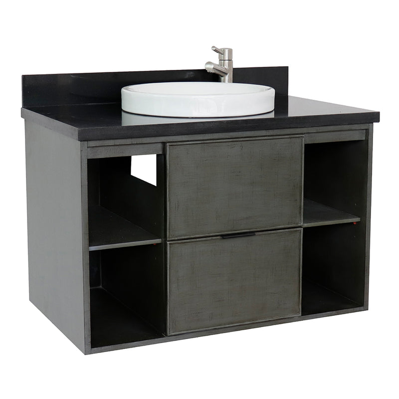 Bellaterra 37" Single Wall Mount Vanity" Linen Gray Finish Top With Black Galaxy And Round Sink 400502-CAB-LY-BGRD