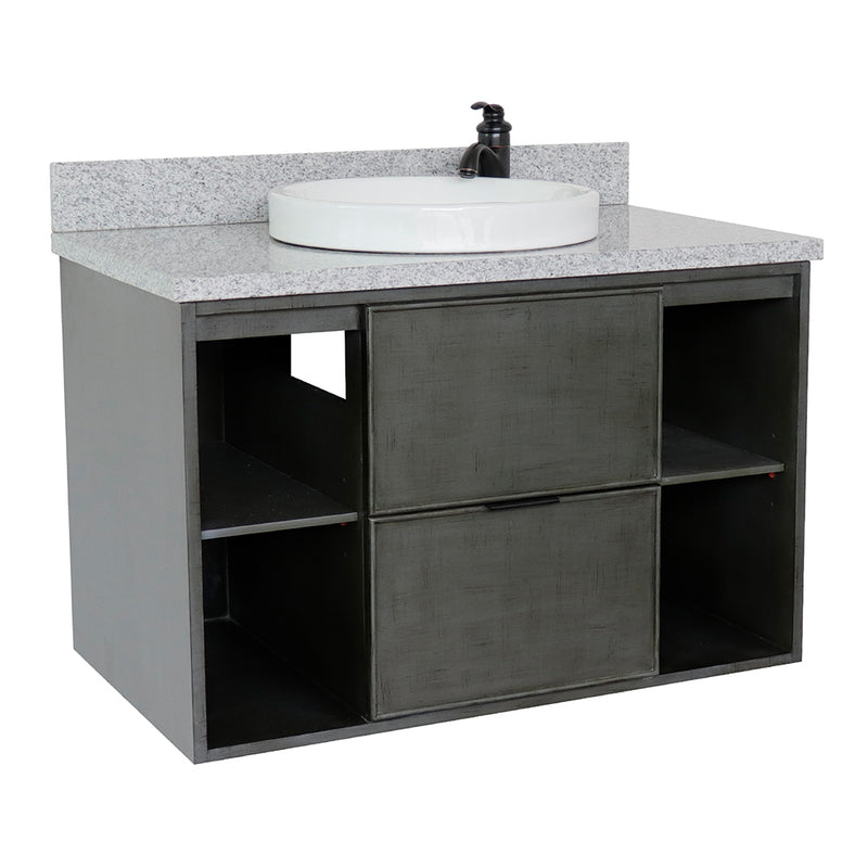 Bellaterra 37" Single Wall Mount Vanity" Linen Gray Finish Top With Gray Granite And Round Sink 400502-CAB-LY-GYRD