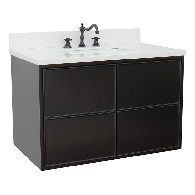 Bellaterra 37" Single Wall Mount Vanity" Cappuccino Finish Top With White Quartz And Rectangle Sink 400503-CAB-CP-WER