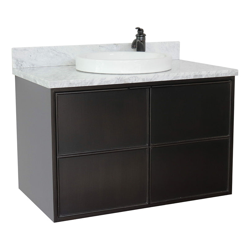 Bellaterra 37" Single Wall Mount Vanity" Cappuccino Finish Top With White Carrara And Round Sink 400503-CAB-CP-WMRD