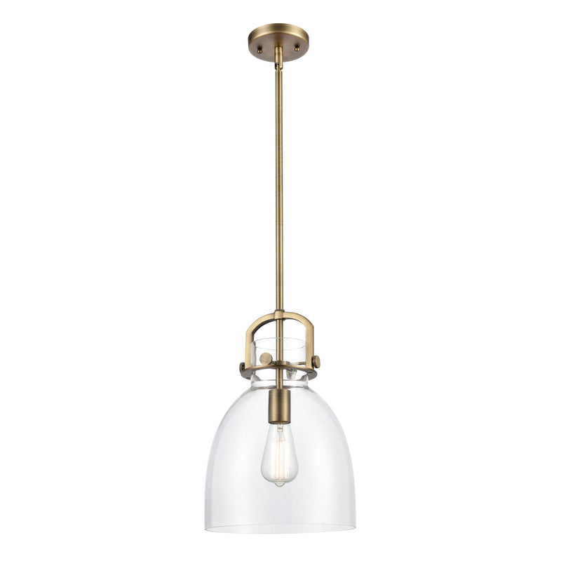 Newton Bell Mini Pendant shown in the Brushed Brass finish with a Clear shade