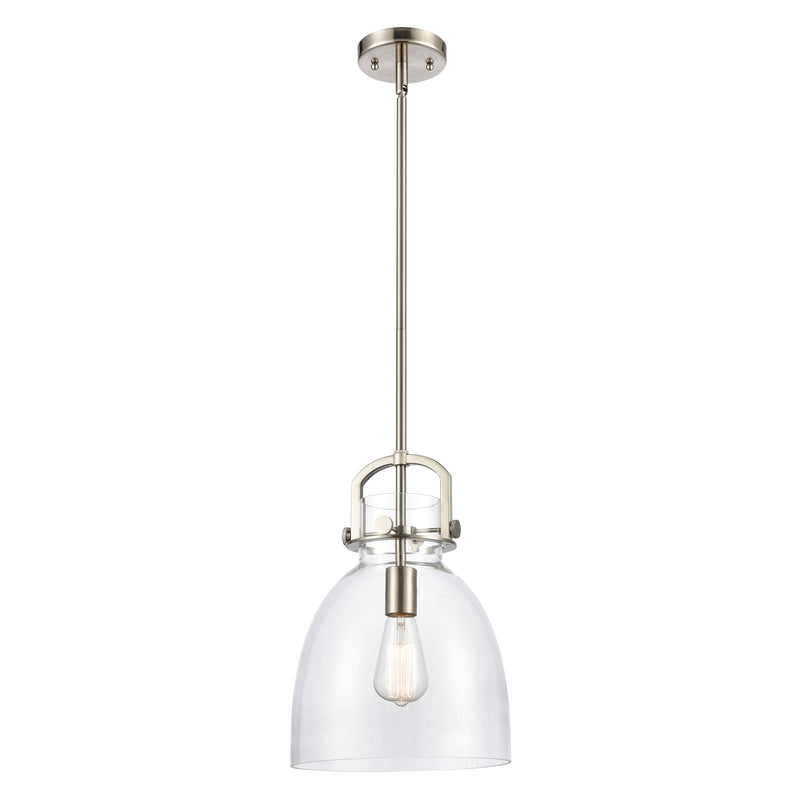 Newton Bell Mini Pendant shown in the Brushed Satin Nickel finish with a Clear shade