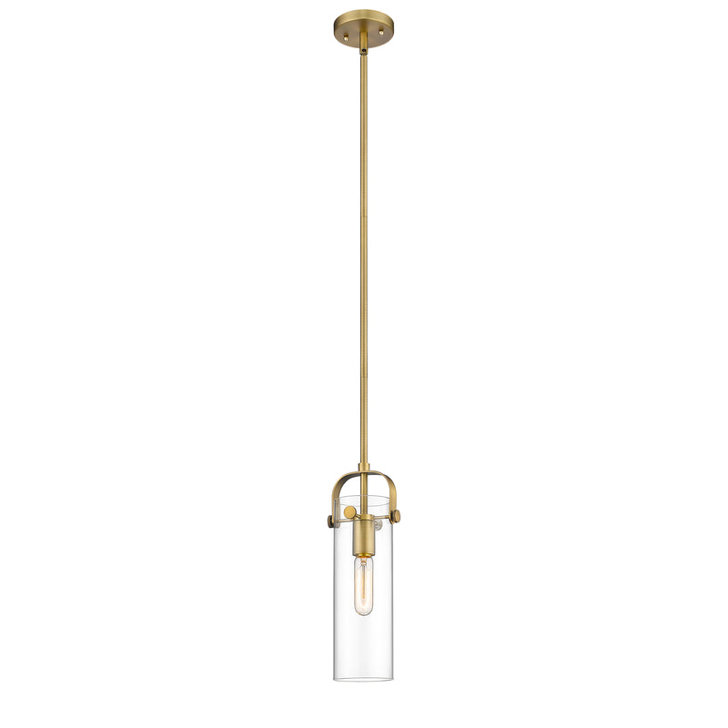 Pilaster Mini Pendant shown in the Brushed Brass finish with a Clear shade