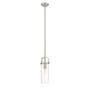 Pilaster Mini Pendant shown in the Brushed Satin Nickel finish with a Clear shade