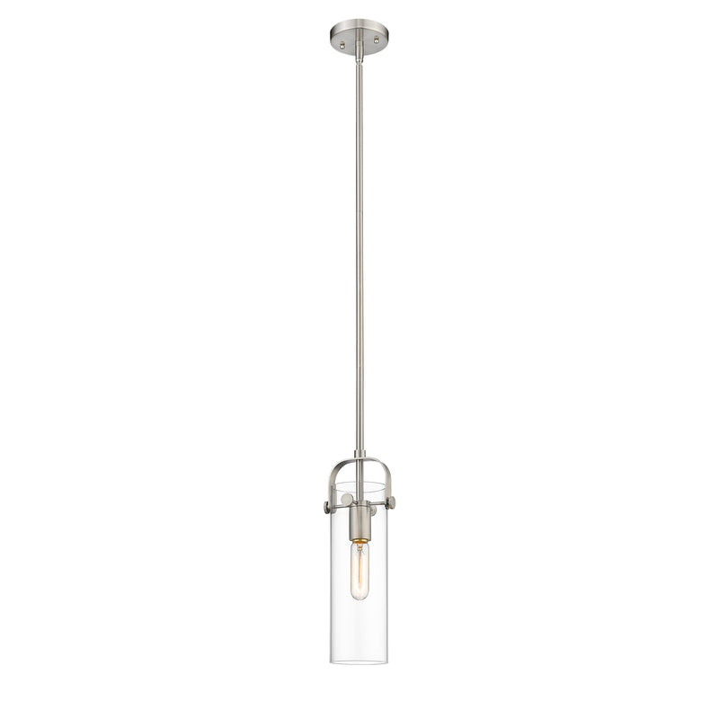 Pilaster Mini Pendant shown in the Brushed Satin Nickel finish with a Clear shade