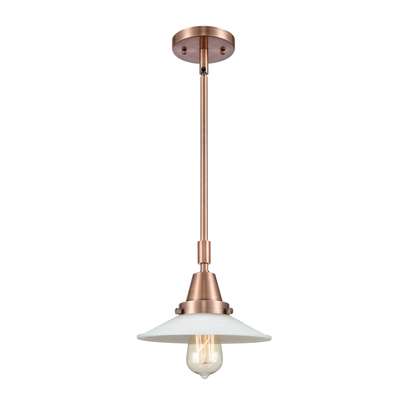 Halophane Mini Pendant shown in the Antique Copper finish with a Matte White Halophane shade