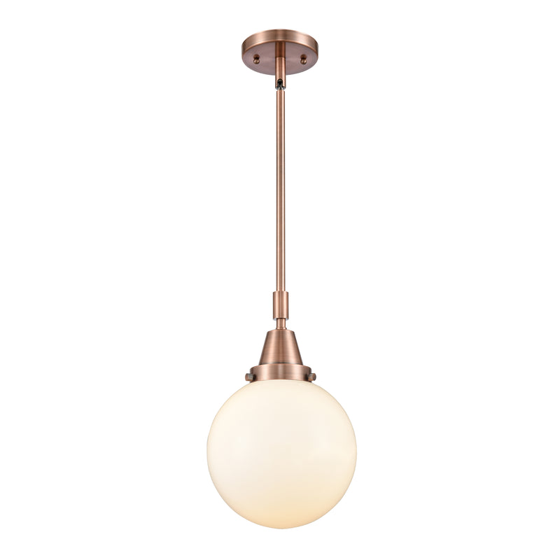 Beacon Mini Pendant shown in the Antique Copper finish with a Matte White shade