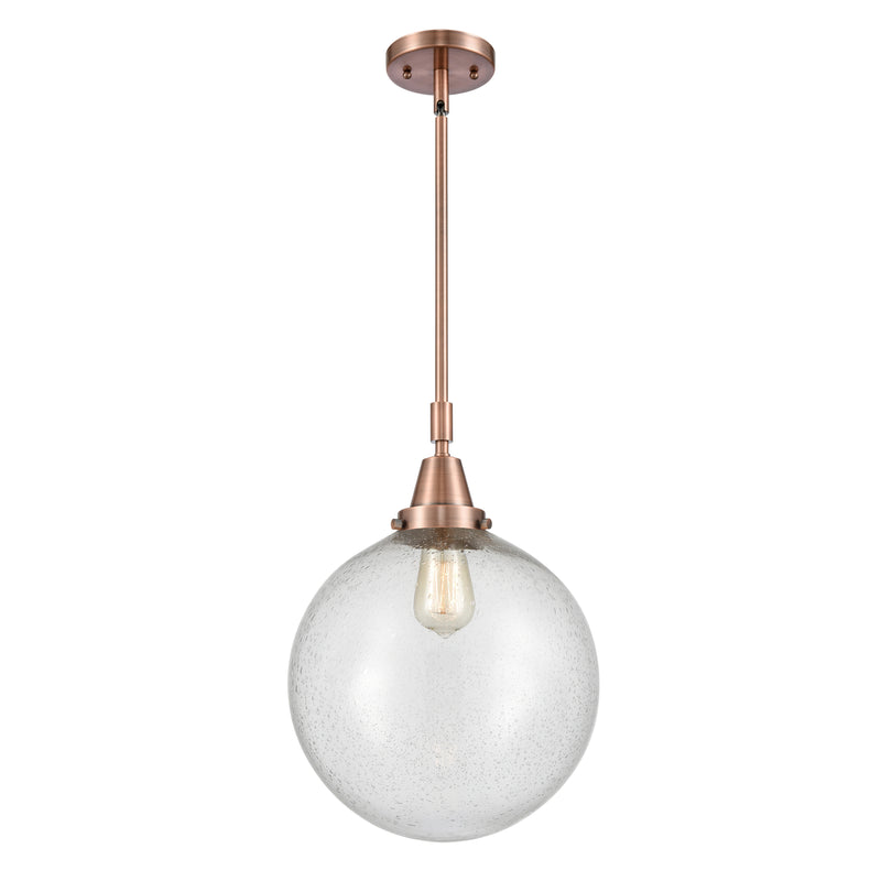 Beacon Mini Pendant shown in the Antique Copper finish with a Seedy shade