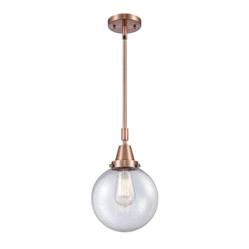 Beacon Mini Pendant shown in the Antique Copper finish with a Seedy shade