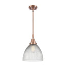 Seneca Falls Mini Pendant shown in the Antique Copper finish with a Clear Halophane shade