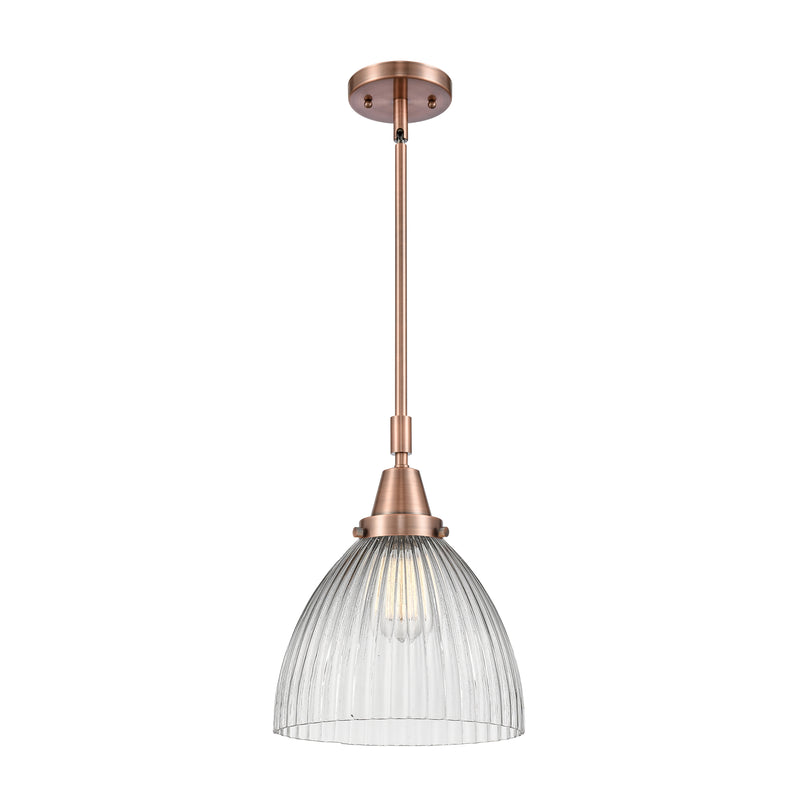 Seneca Falls Mini Pendant shown in the Antique Copper finish with a Clear Halophane shade