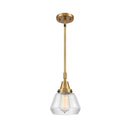 Fulton Mini Pendant shown in the Brushed Brass finish with a Clear shade