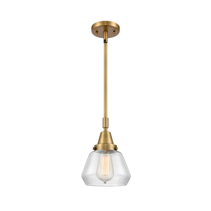 Fulton Mini Pendant shown in the Brushed Brass finish with a Clear shade