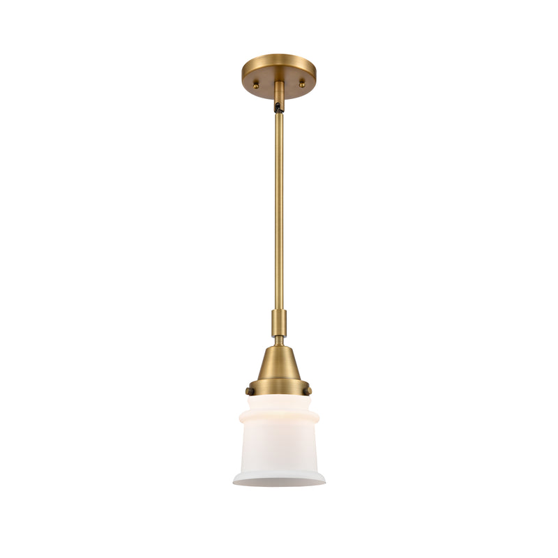 Canton Mini Pendant shown in the Brushed Brass finish with a Matte White shade