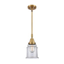 Canton Mini Pendant shown in the Brushed Brass finish with a Clear shade